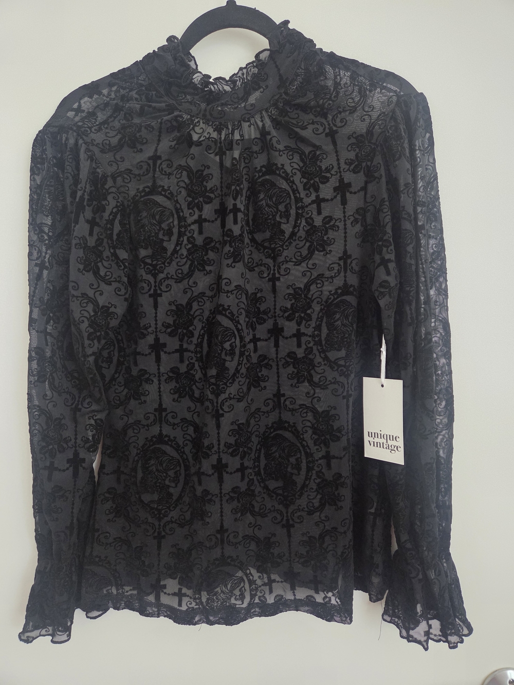 Unique Vintage Black Flocked Lace High Neck Blouse - Picture 1 of 6
